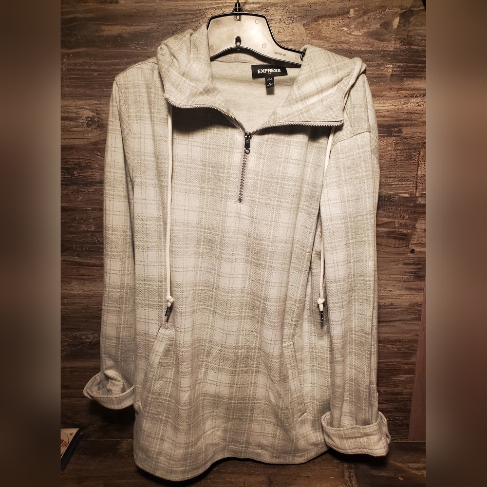 Express Womens Size Medium Activewear Pullover Jacket Plaid Hooded‎ Sweatshirt